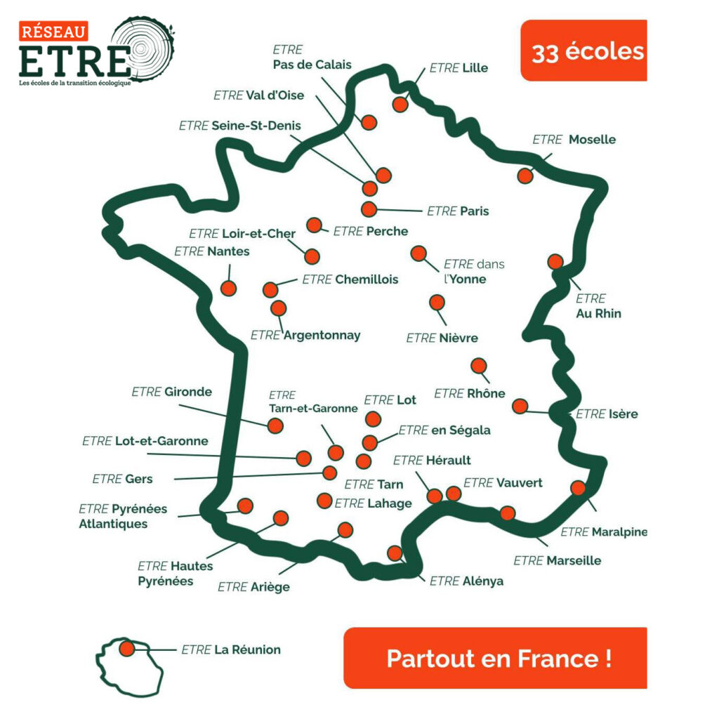 Carte de France des 33 écoles de la transition écologique - ETRE