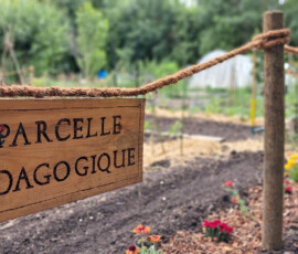 Panneau : Parcelle pédagogique Panneau en bois indiquant la parcelle pédagogique