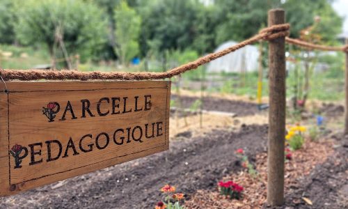 Panneau en bois indiquant la parcelle pédagogique